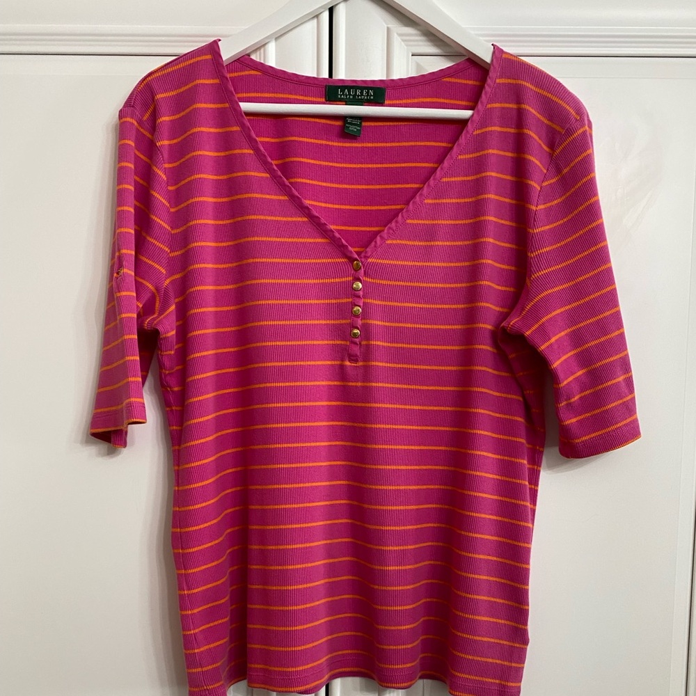 Lauren Ralph Lauren Sz Large Pink Orange Stripes V-Neck Changeable Sleeve Shirt